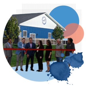 A collage featuring a photo of the Imperial Beverage Livonia Warehouse and the Cekolas cutting a large red ribbon.