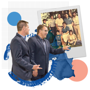 A collage featuring one vintage photo of the Cekola family as well as a cut-out of Joe Cekola and Larry Cekola gesturing to the right.