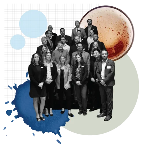A collage featuring a group of smartly dressed Imperial Beverage employees.