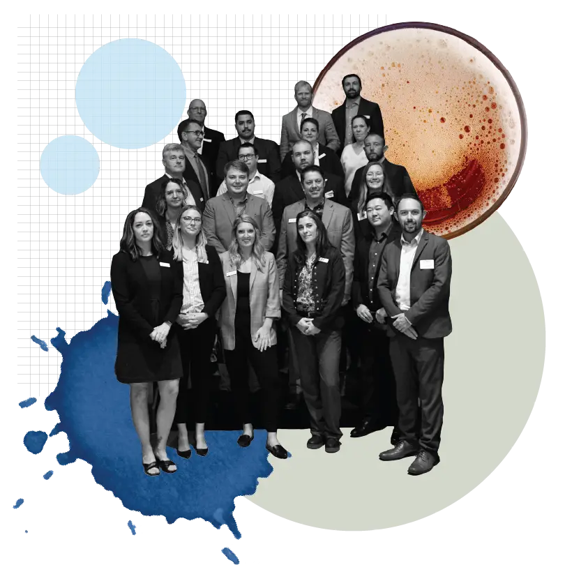 A collage featuring a group of smartly dressed Imperial Beverage employees.