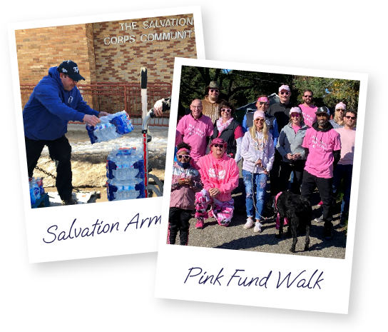 Two polaroid photos. On the left, two men take a selfie in front of some pallets of product. On the right, a large group of people wearing pink prepare to participate in a Breast Cancer charity walk.