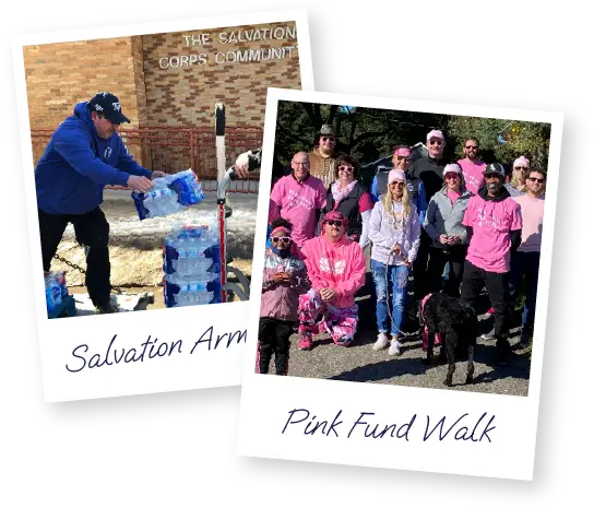 Donations_Polaroids-01 Two polaroid photos. On the left, two men take a selfie in front of some pallets of product. On the right, a large group of people wearing pink prepare to participate in a Breast Cancer charity walk.