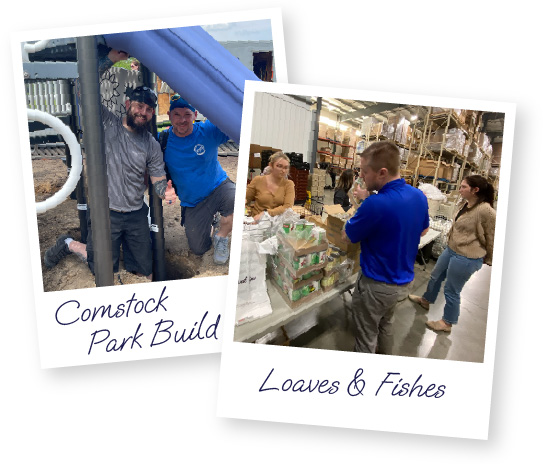 Two polaroids featuring photos of Imperial Beverage employees volunteering. The photo on the left features two men building a slide, and is labeled "Comstock Park Build." The photo on the right features Imperial Beverage employees handling non-perishable foods, and is labeled "Loaves and Fishes."