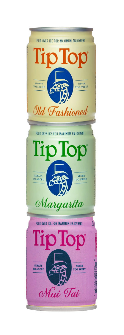Three Tip Top Cocktail cans stacked on top of each other.